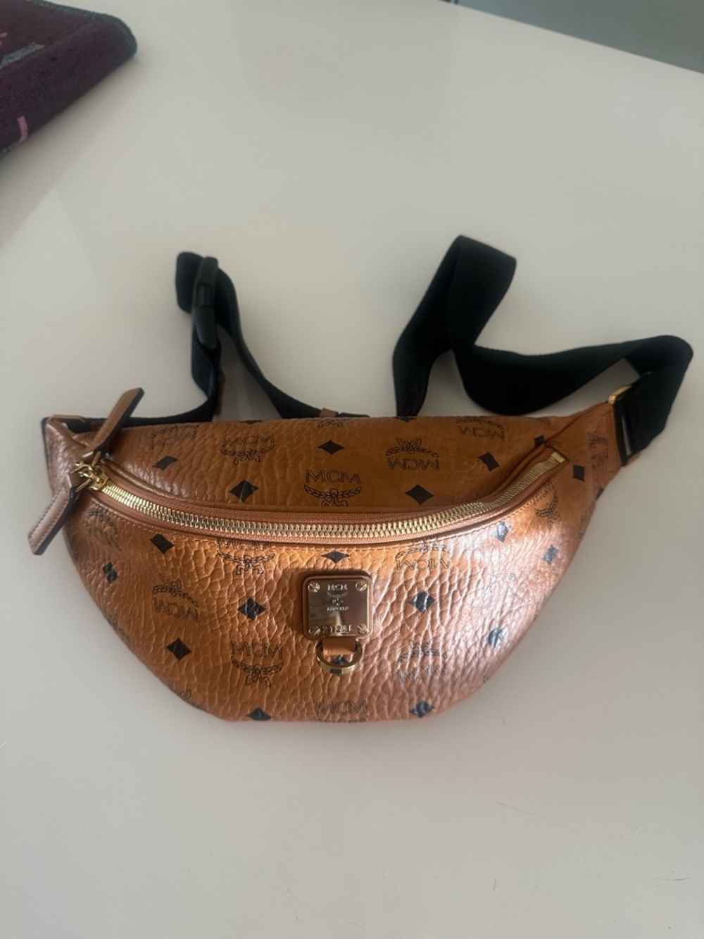 MCM Cognac Brown Visetos Logo Leather Belt Bag with Black Strap